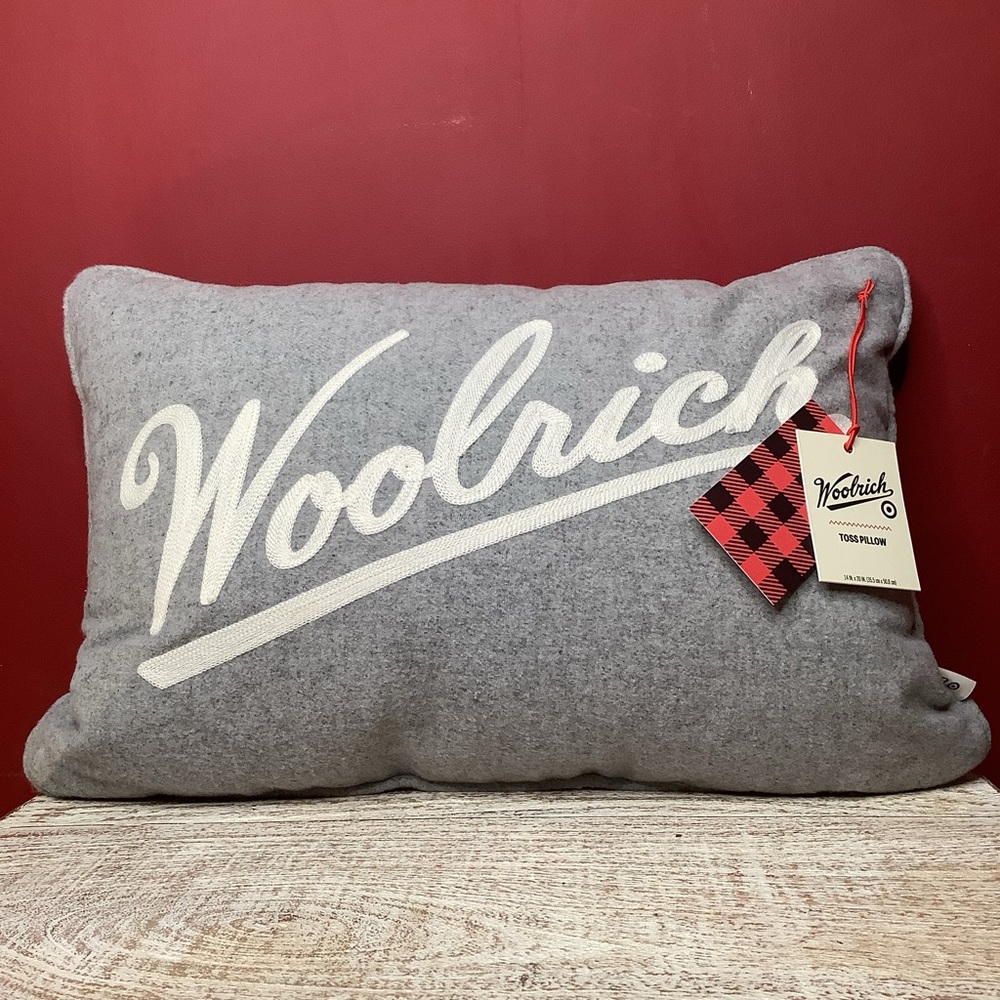 Woolrich Gray Logo Script Throw Pillow with Cream Lettering